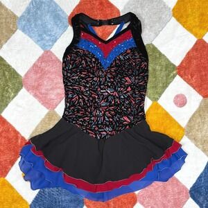 Jerry's Youth 12/14 Figure Skating Dress Black Velvet Sequin Glitter Geometric